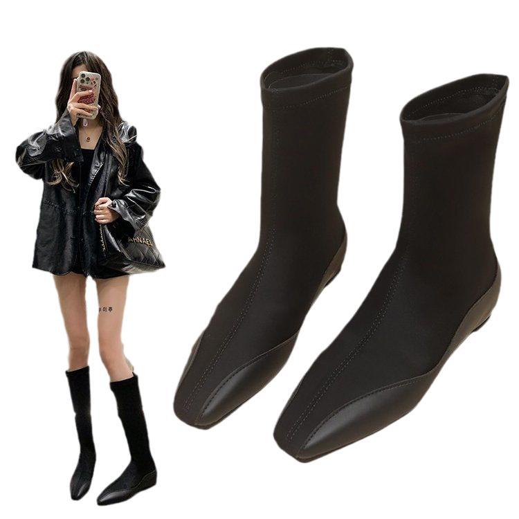 Высокие сапоги с квадратным носком женские 2025 новые осенне-зимние рыцарские сапоги на плоской подошве эластичные сапоги сапоги-носки сапоги-чулки
