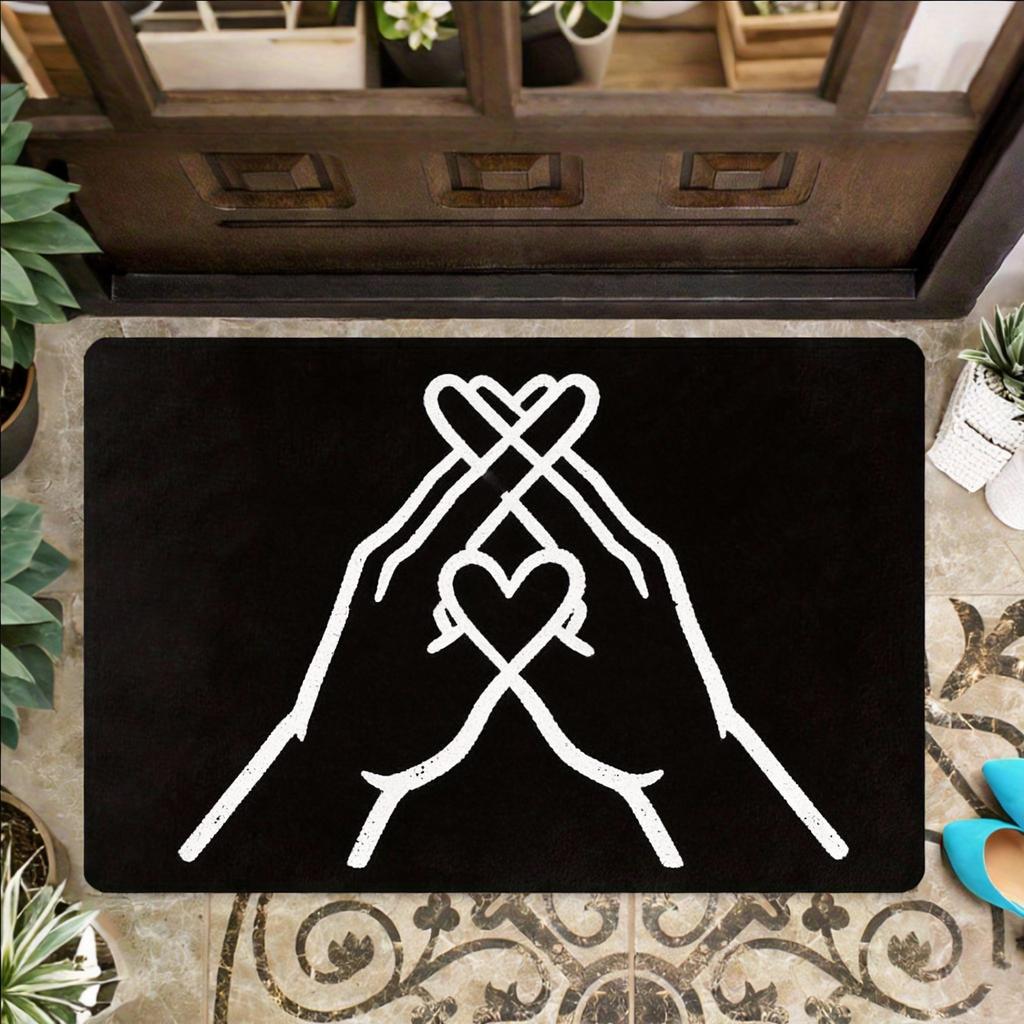 Love Hand Gesture Floor Mat 1pc – Black White ASL Sign with Heart, Playful Indoor Doormat for Entryway and Living Room