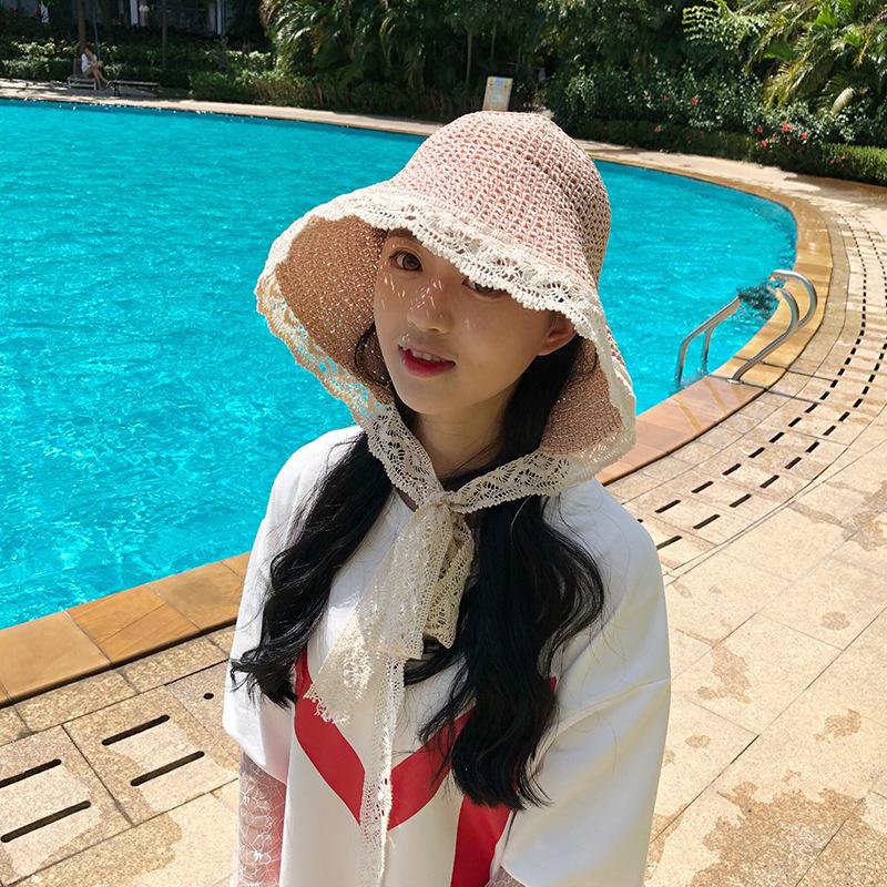 Соломенная шляпа женская летняя кружевная завязка пляжная шляпа маленькая свежая морской отдых солнцезащитный козырек шляпа завязка