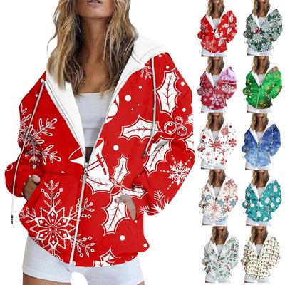 Женская мода повседневная рождественская печатная толстовка осень и зима длинный рукав с карманом кардиган куртка куртка с капюшоном пальто