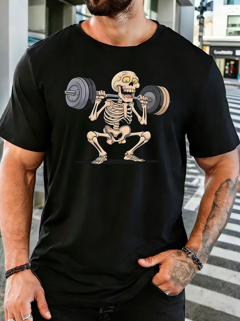 Squatting Skeleton Lifting Barbell Gym Graphic Unisexs Crew Neck Short Sleeve Cotton T Shirt Fitness Male Workout Casual Tee