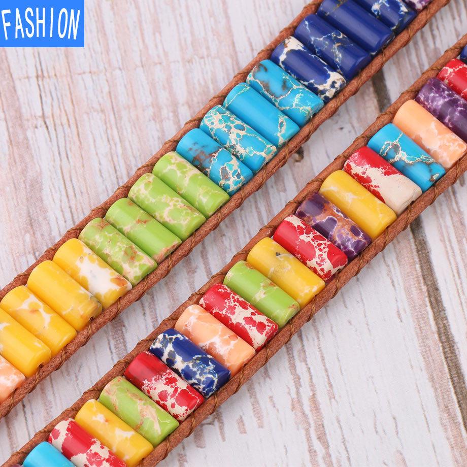 6 мм Императорский кристалл цилиндрический бисер кожаный веревочный браслет богемный Радужный камень браслеты из бисера для женщин