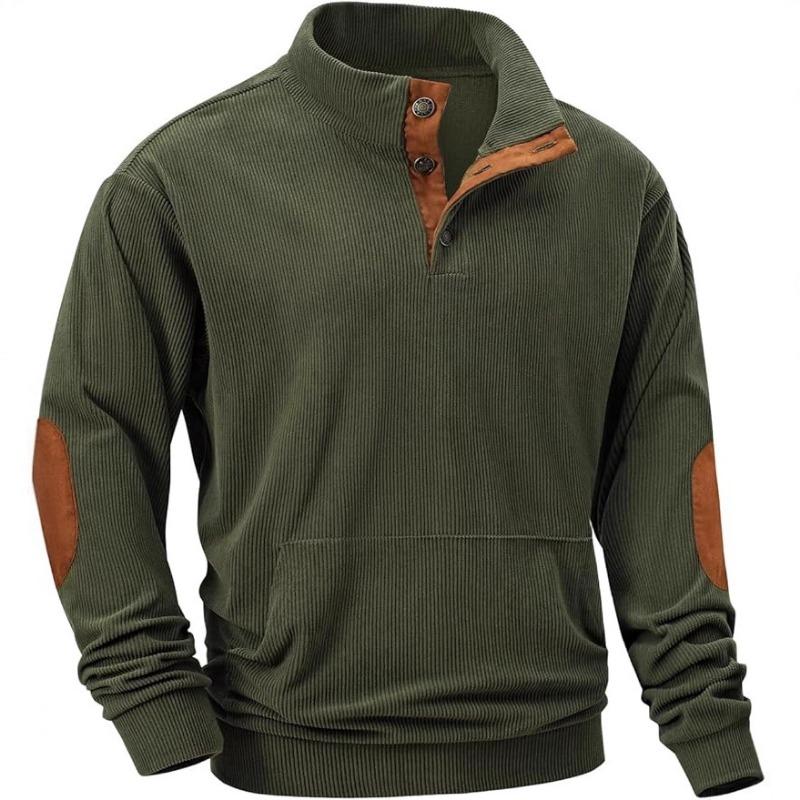 Men S Warm Corduroy Sweatshirt Stand Collar Long Sleeve Pullover With Patch Pockets