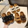 Fashion Double Belt Buckle Cotton Slippers Women Plush Slipper Female Luxury Slides Furry Flip Flops Designer Plush Platform Shoes