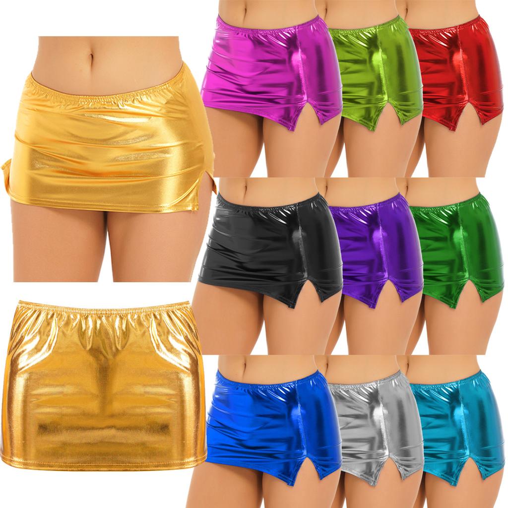 Women Shiny Wet Look Split Mini Skirt Bodycon Short Pencil Skirts Sexy Clubwear Night Club Rave Pole Dance Costume