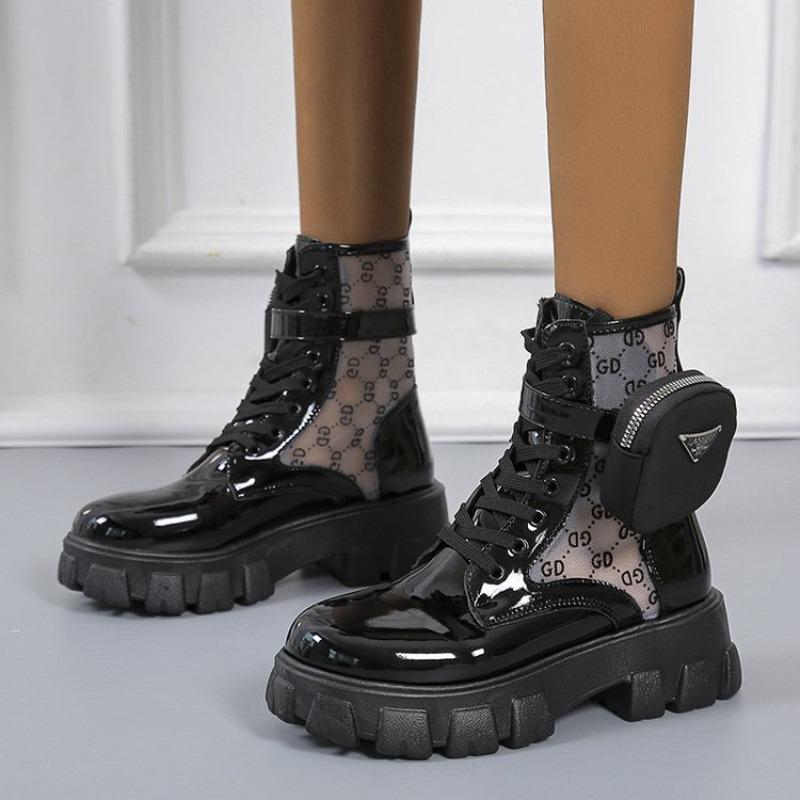 Осень Новые Женские Ботильоны Байкеры Большого Размера Женские Ботильоны в Британском Стиле на Платформе на Шнуровке Короткие Рыцарские Ботинки Мартин