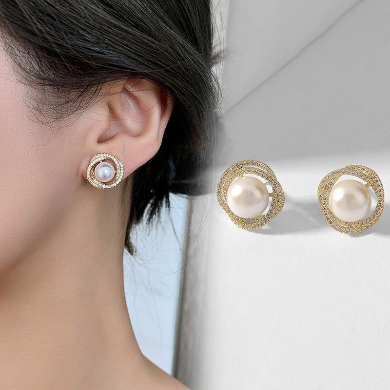 French Flash Diamond Spiral Pearl Ear Stud Silver Needle Gold Simple Earrings For Women Earring Accessories