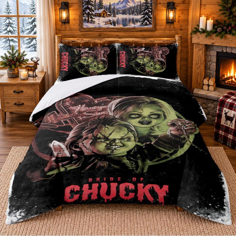 Child's Play Chucky Tiffany Pattern Bedding 3Pcs Set Bed Sheet And Pillowcases For Indoor Bedroom