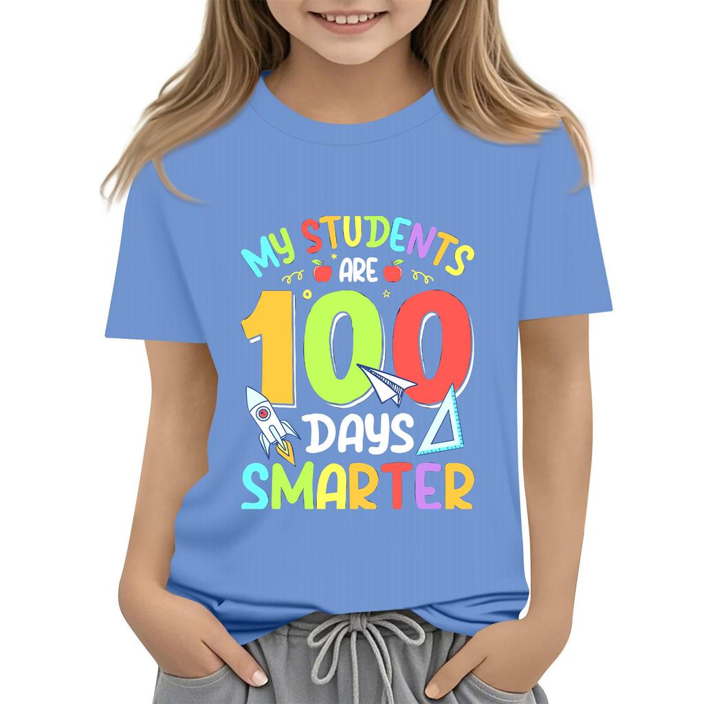 Kids Fashion Casual Short Sleeve 100 Day School Anniversary Printed Round Neck T-Shirt Top