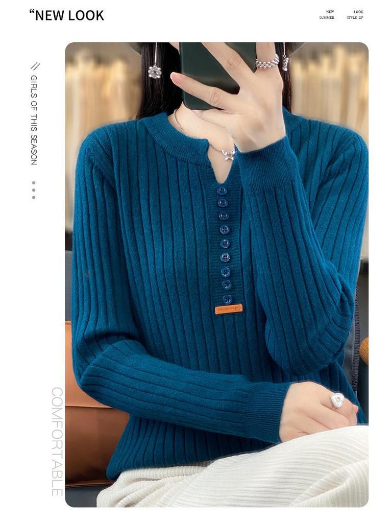 Женский облегающий трикотажный пуловер с длинным рукавом и круглым вырезом на пуговицах, осень 2023