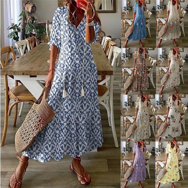 IHUASU Женские повседневные платья с V-образным вырезом и принтом, с подтяжками, с длинными рукавами