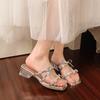 French Fashion Thick Heel Cool Slippers Women's Summer Wear 2025 New Silver Sandals Bow Rhinestone High Heels