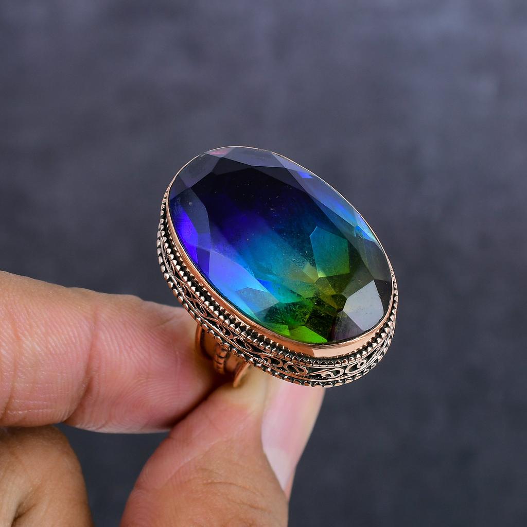 Natural Bi-Color Tourmaline Gemstone Handmade Copper Jewelry Ring Size 8 W3n69