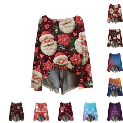 Женский легкий свитер с круглым вырезом, повседневный вязаный пуловер с длинным рукавом и рождественским принтом