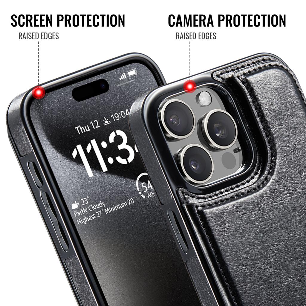 For iPhone 16 15 14 13 12 11 Pro Max PU Leather Case Kickstand Card Holder, Double Magnetic Clasp and Durable Shockproof Cover