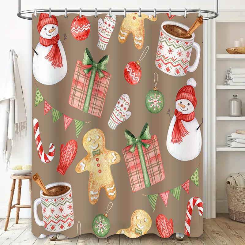 Holiday-themed shower curtain with festive snowman and candy cane designs for bathroom decor