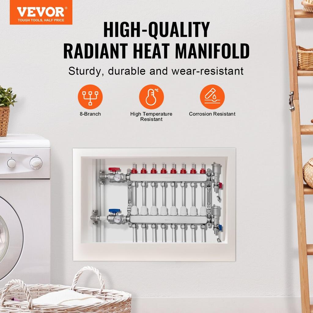 8-Branch Radiant Heat Manifold 1/2" PEX Tubing Floor Heating Manifold Set