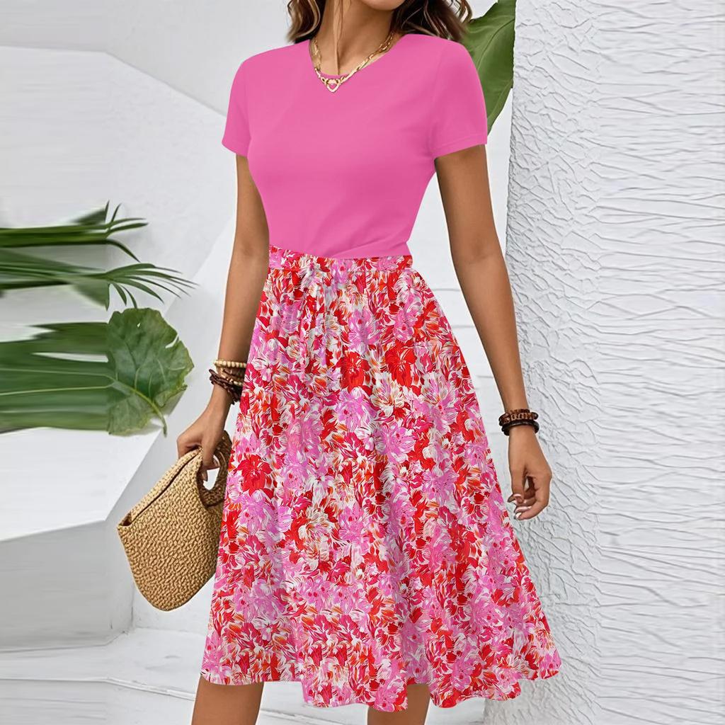 Women's Casual Fashion Belted Floral Print Short Sleeve Round Neck Elegant Dress
