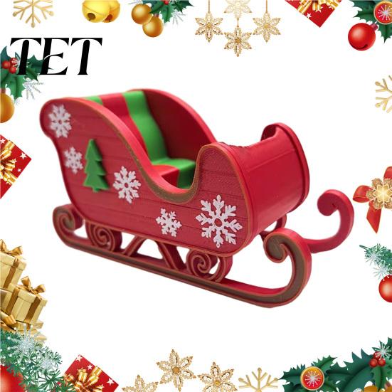 Indoor Festive Table Decor 3D Printed Christmas Sleigh Ornament, Red And Green Figurine with Snowflake Creative Room Accents and Tree Relief, Tabletop