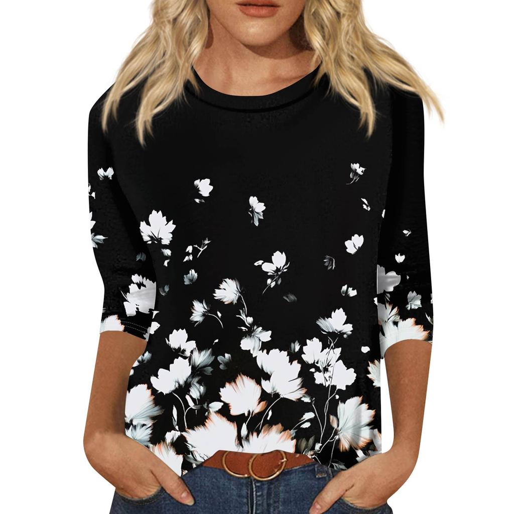 Женская модная повседневная футболка с рукавом семь восьмых, принтом и круглым вырезом
