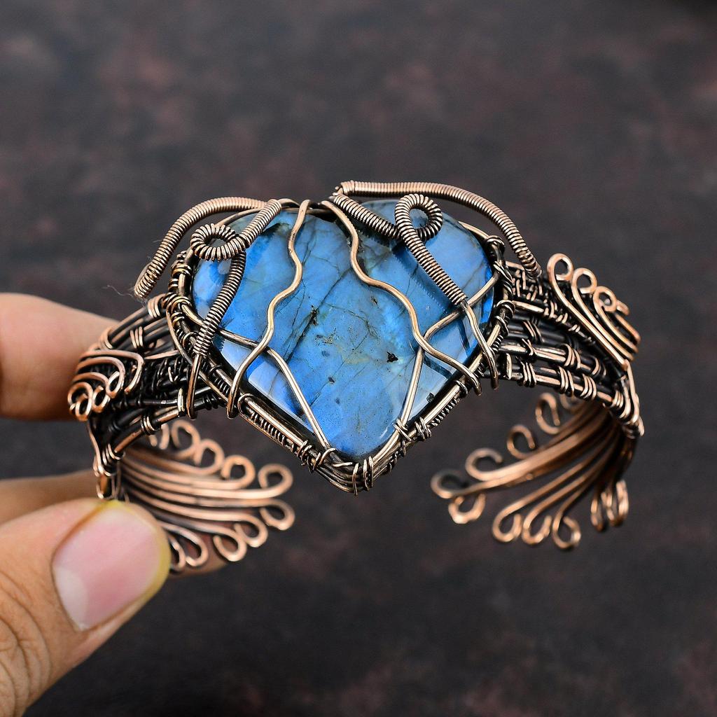 Лабрадорит Браслет-манжета Браслет-манжета из медной проволоки Регулируемый браслет Изысканный браслет-манжета с драгоценным камнем Медные украшения ручной работы Подарок для мамы