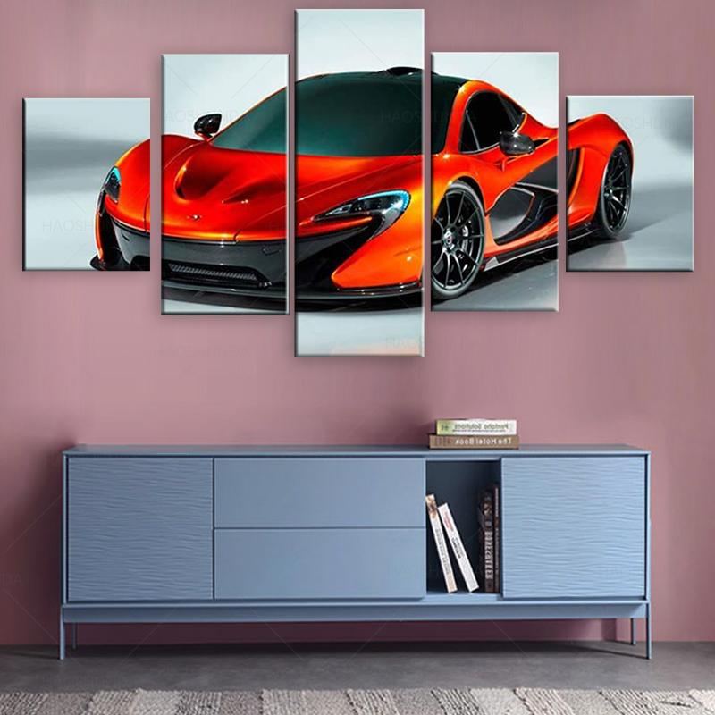 Холст, настенное искусство, 5 шт., картины, оранжевый супер спортивный автомобиль, модульные постеры, картина, домашний декор, принты, современное украшение для гостиной