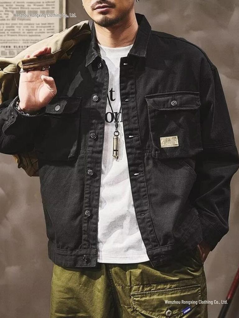 Men's Retro Heavyweight Denim Hunting Workwear Jacket - Loose Fit for Spring and Autumn
