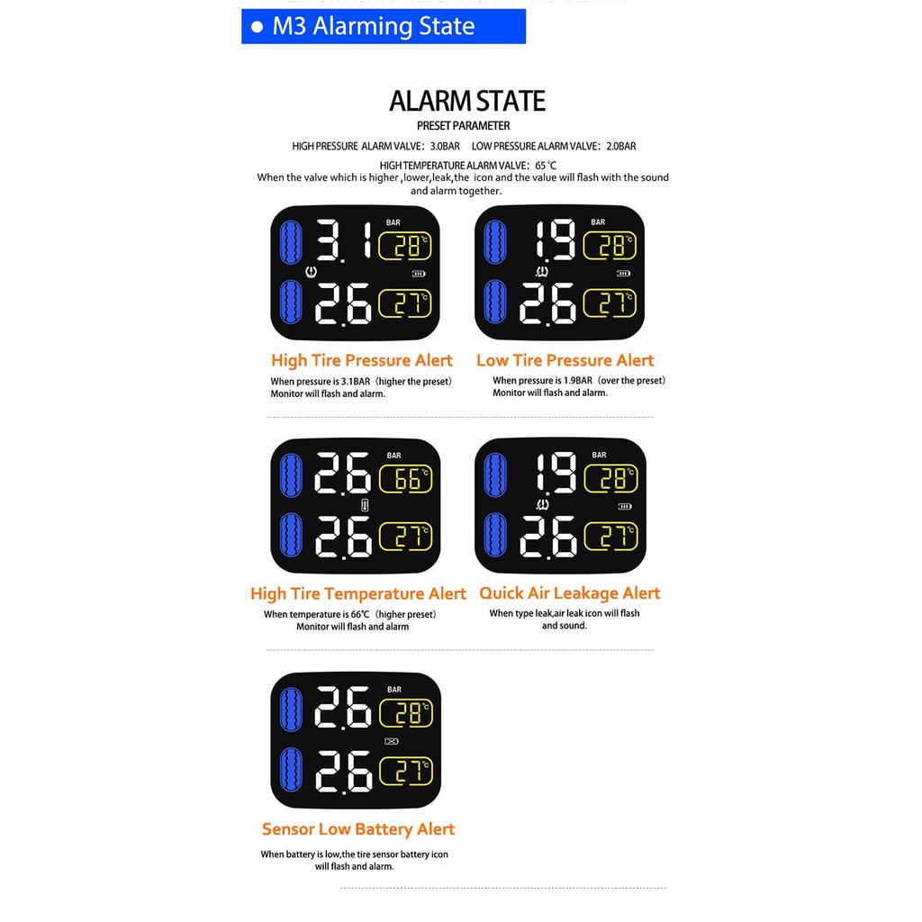 OBEST Tire Pressure Monitoring System 2 External Sensors 18x13mm Wireless TPMS Real Time Monitoring Waterproof for 2 Wheel Motorcycle