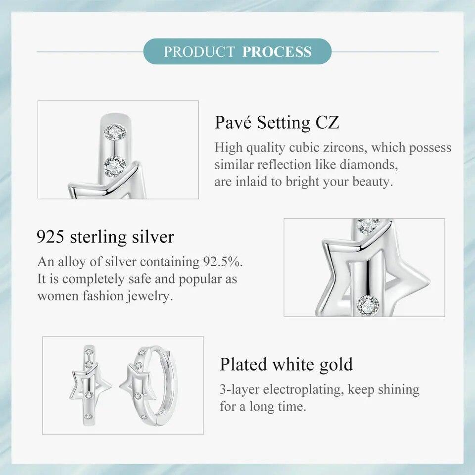 Серьги Huggie BAMOER с покрытием из белого золота, гипоаллергенные маленькие серьги-кольца из стерлингового серебра 925 пробы с фианитами и звездами для женщин