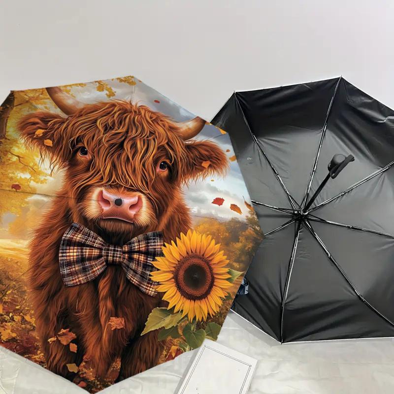 Autumn Bow Tie Highland Cow Sunflower Print Umbrella - Portable Folding Design, Iron Frame, Outdoor Rain Gear, Festival Gift for Fans, Trave