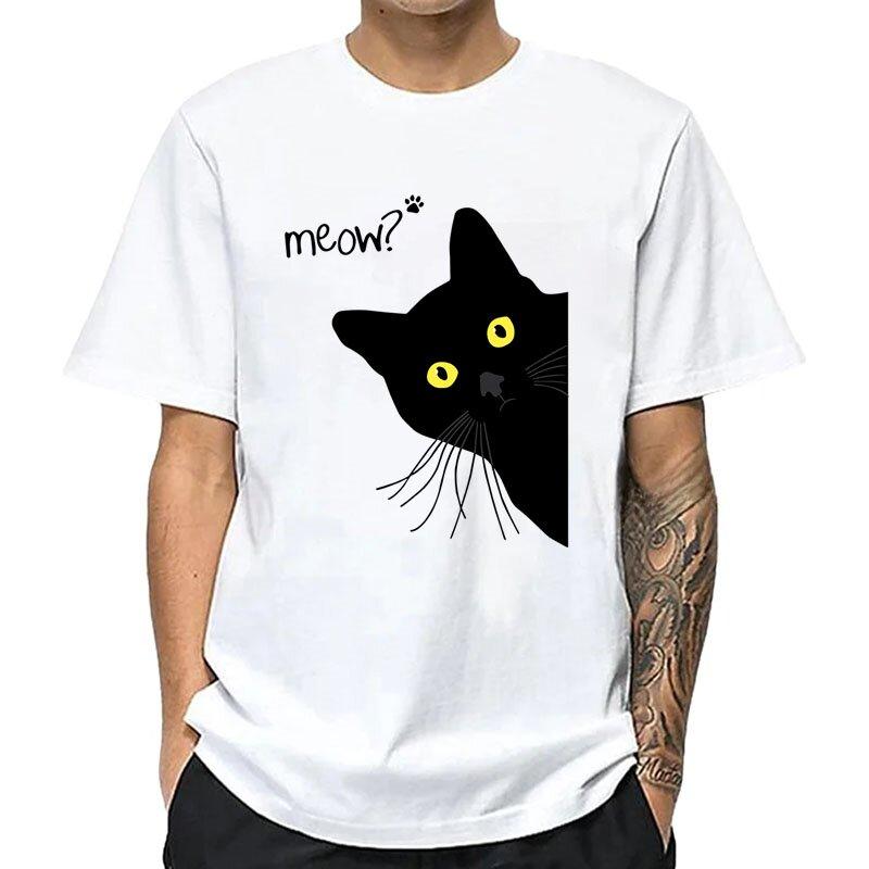 Men's T-shirt 100% Cotton Summer Meow Black Cat Print Men T Shirt Casual Loose O-neck Men Tshirt Short Sleeve T-shirt Male Tees