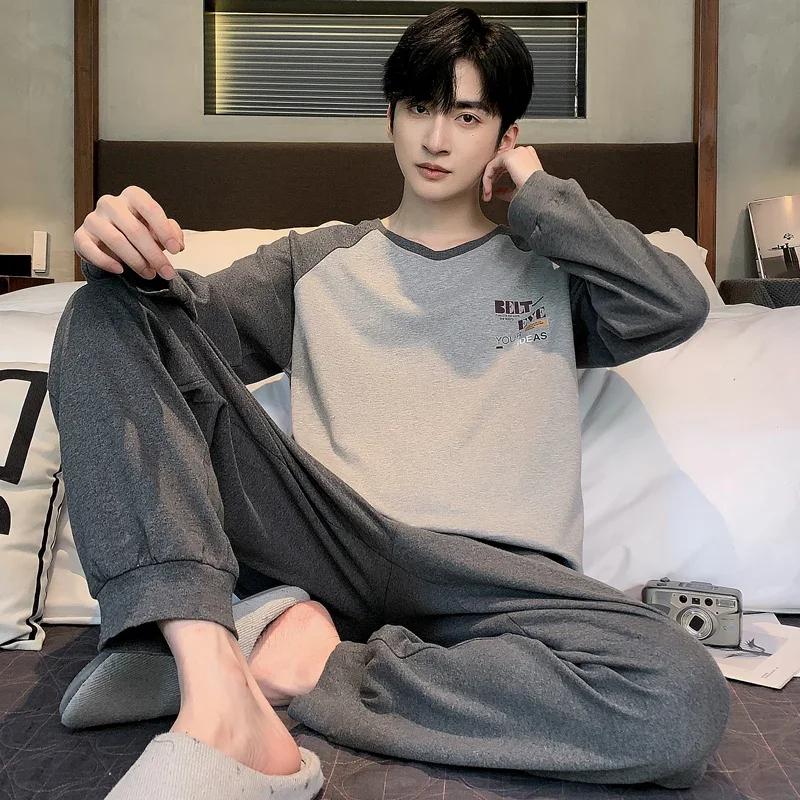 Полосатый хлопок Мужская ночная рубашка весна и осень O-образный вырез Домашняя одежда Длинный спальный топ брюки пижамы для мальчиков пижамы Hombre