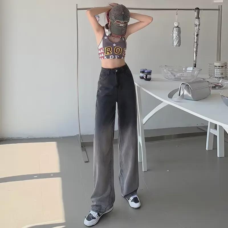 Женские широкие джинсы с высокой талией и градиентом черного цвета (Летняя коллекция 2024 г.)