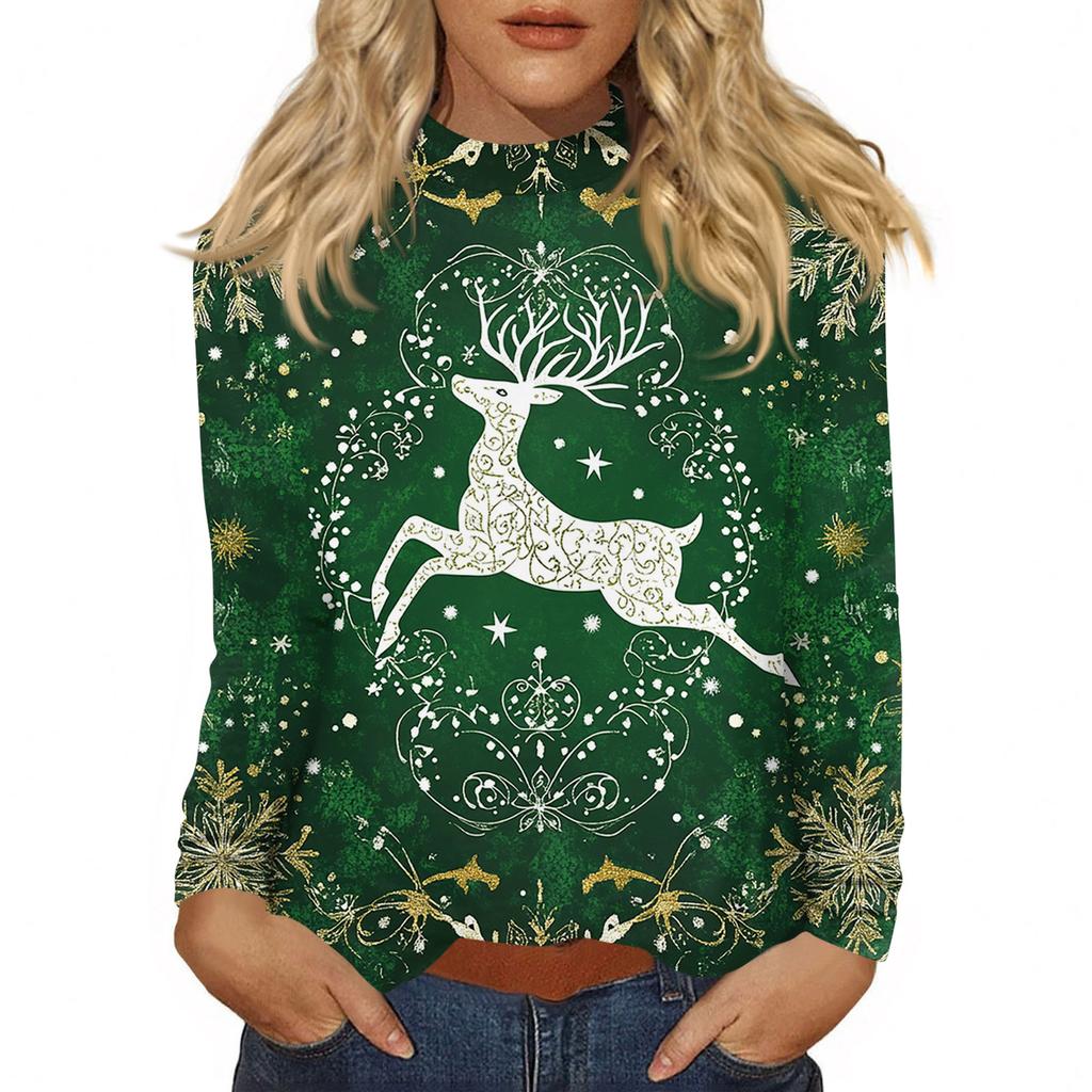 Women Fall Casual Long Sleeve Shirts Sweatshirt Vintage Printed High Neck Top Pullover