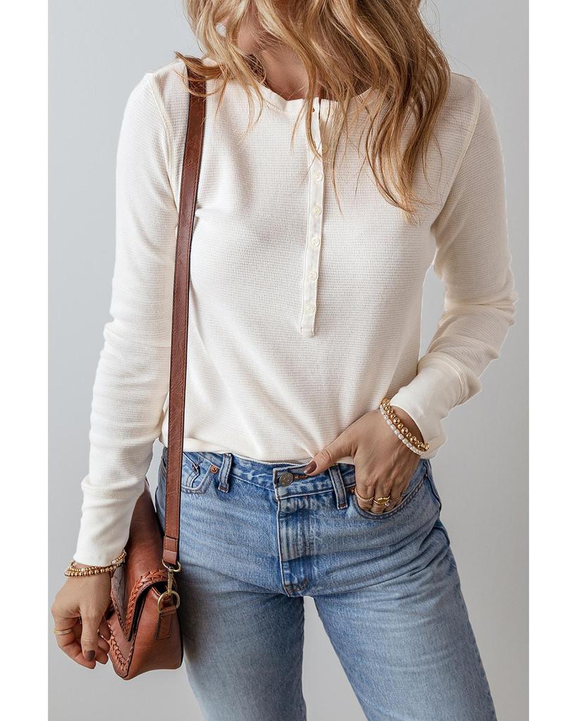 Azura Exchange Белый однотонный вафельный топ с длинным рукавом и застежкой на полпуговицы