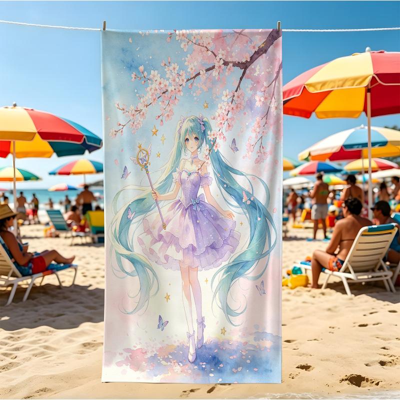 Cartoon Anime Character Beach Towel, Hatsune Miku Sakura Design, Fast Drying Towel for Beach, Camping, Vacation & Daily Use