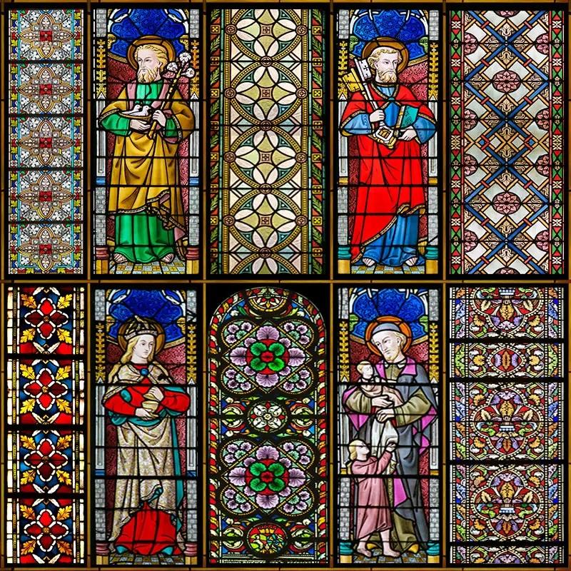 Пленка для конфиденциальности окон в церковном стиле, витражные наклейки на окна, статические цепляющиеся декоративные матовые оконные пленки, индивидуальный размер