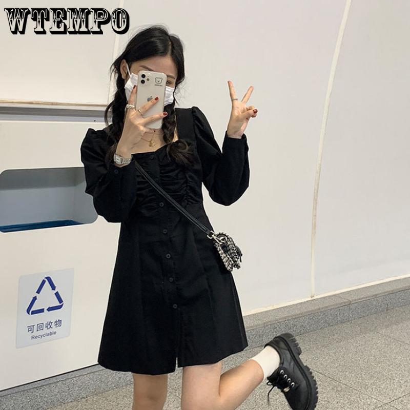 Женский темперамент ретро платье с квадратным воротником плиссированное однобортное корейское платье-костюм А-силуэта с длинными рукавами