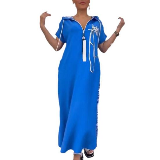 Summer Maxi Dress Zippered Hooded Drawstring Short Sleeves Loose Spit Hem Printed Patchwork Casual Daily Wear Long Dress