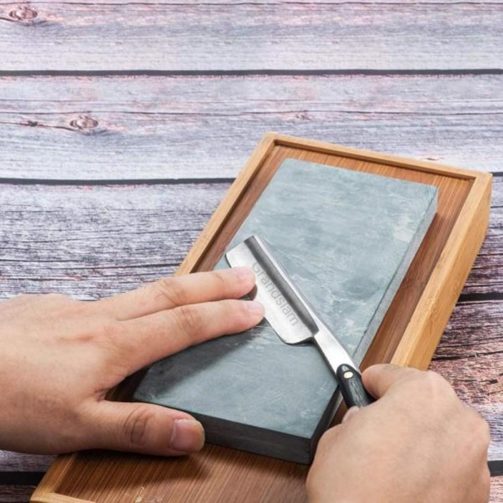 Grandslam Pro Natural Wood Handle 420 Steel Straight Razor Leather Strop Sharpening Stone Side Grit 3000 Waterstone Knife Sharpener, Brown, 1 Piece