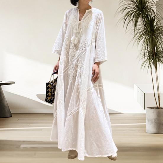 Summer Spring Women Dress Lace-up Strap Tassel A-line Loose Retro Long Sleeves Flower Embroidery V Neck Ankle Length Vacation Beach Maxi Dress
