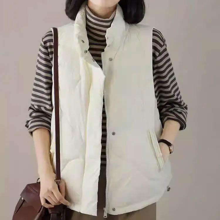 Vest Women Versatile Winter Solid Color Down Cotton Clothing Sleeveless Top Coat Jacket Vest