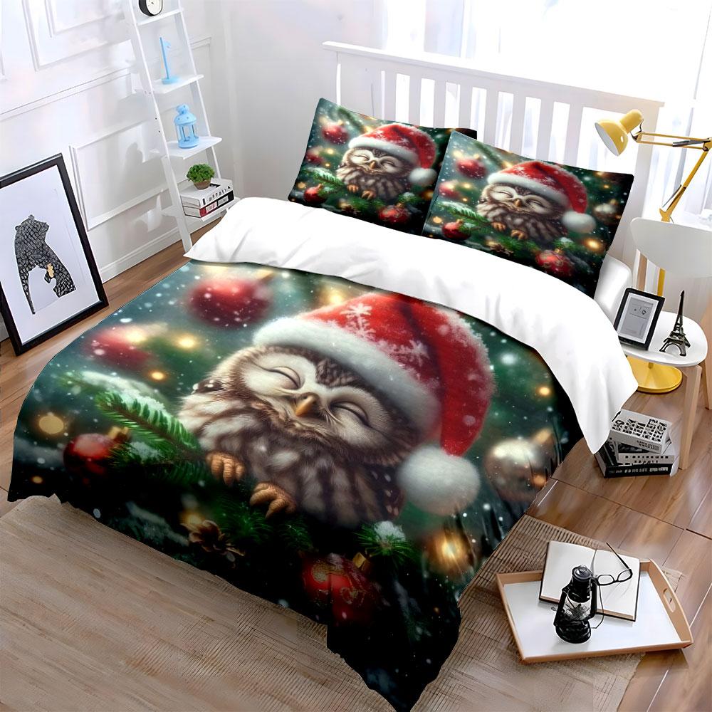Christmas Owl with Santa Hat Bedding Duvet Cover Set (1*Duvet Cover 2*Pillowcases, without duvet insert)