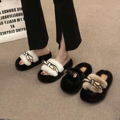 Мода Мода Дизайн с бантом Повседневные Толстая подошва Мохнатые тапочки для женщин 2025 Осень Открытый носок Удобные Универсальные Массивные Плюшевые Шлепки