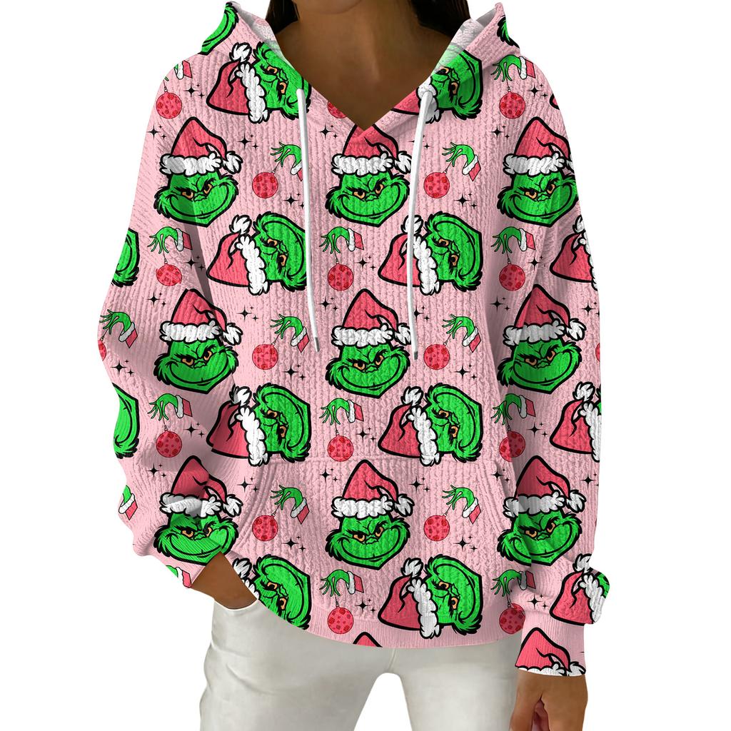 Женский модный повседневный пуловер с рождественским принтом, толстовка с капюшоном и длинными рукавами