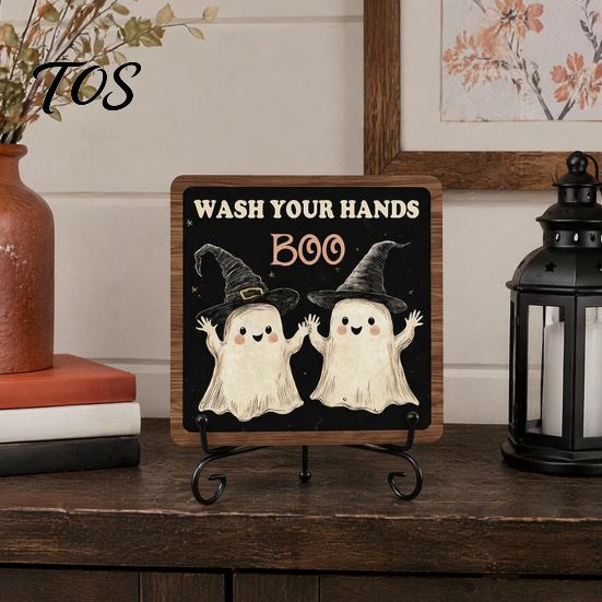 Decorative Table Sign Halloween Wooden Sign, Cute Ghost Boo Plaque with Retro Wood Grain Metal Stand for Indoor Desk Shelf Home Decor Autumn Festive
