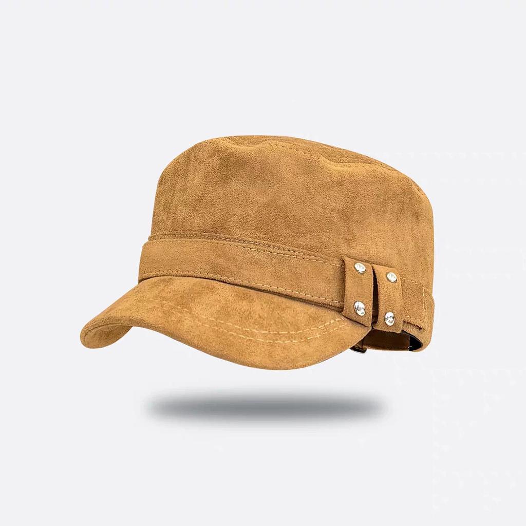Retro British style suede equestrian hat women's autumn and winter warm versatile flat top hat showing face small brown newsboy hat