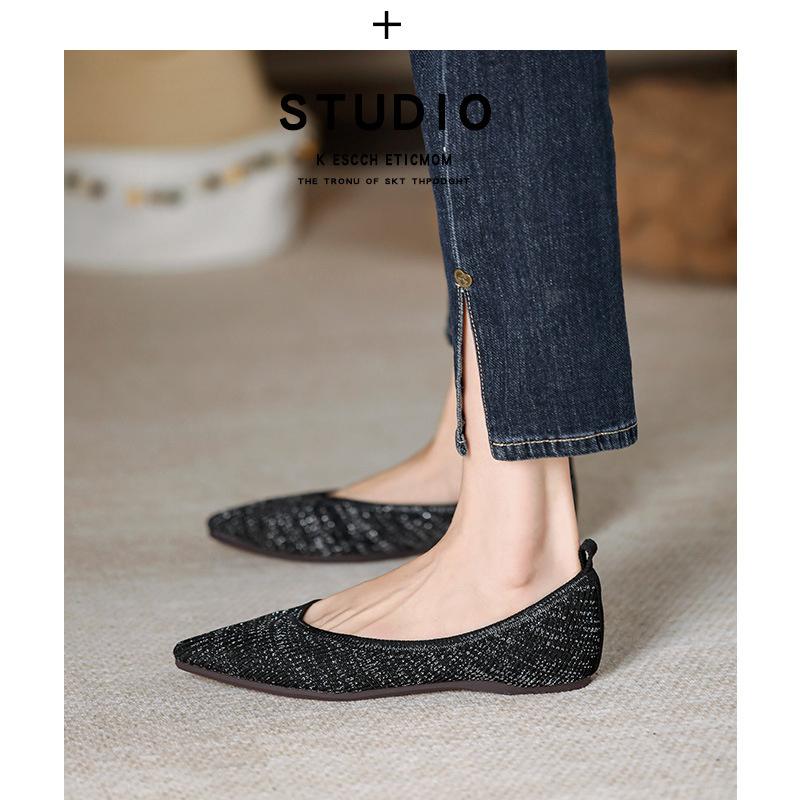 Модные женские туфли принцессы с острым носком и неглубоким вырезом, модные плоские эластичные удобные мягкие нескользящие трикотажные повседневные туфли весна