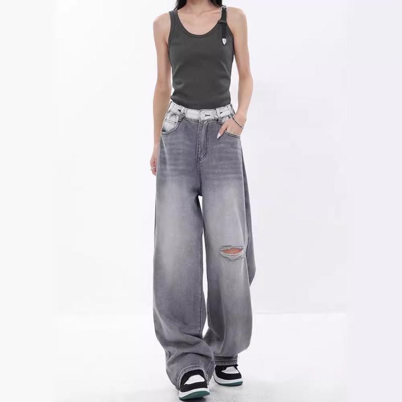 Womens High-Waisted Wide-Leg Distressed Gradient Denim Pants Loose Straight Fit Streetwear Jeans