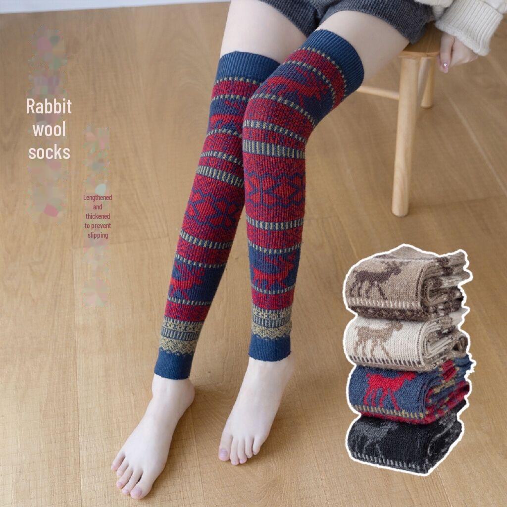 Женские теплые носки выше колена из кроличьей шерсти с рождественским оленем - Толстые леггинсы осень/зима